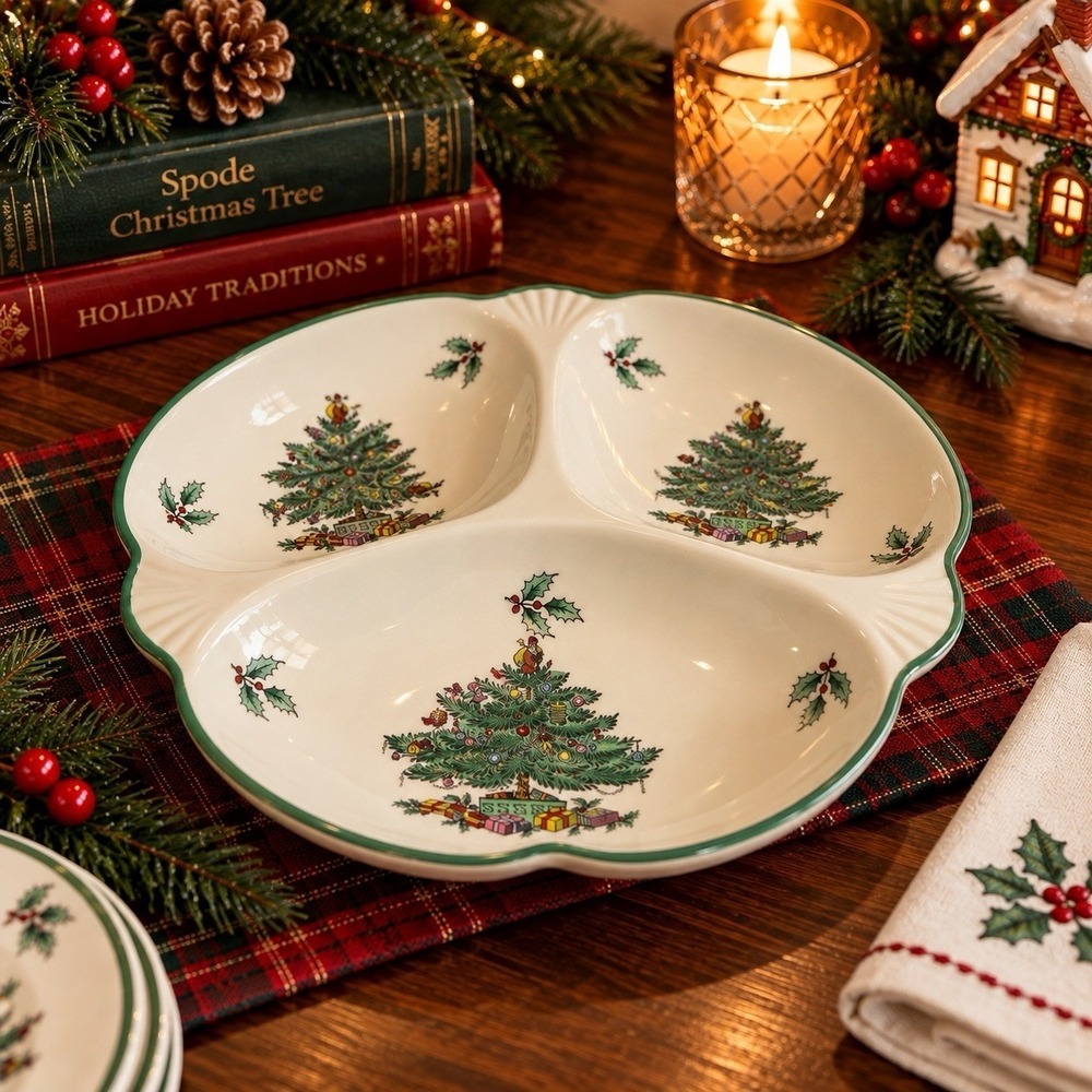 Spode Christmas Tree 3 Section Divided Serving Dish England S3324 M 10"